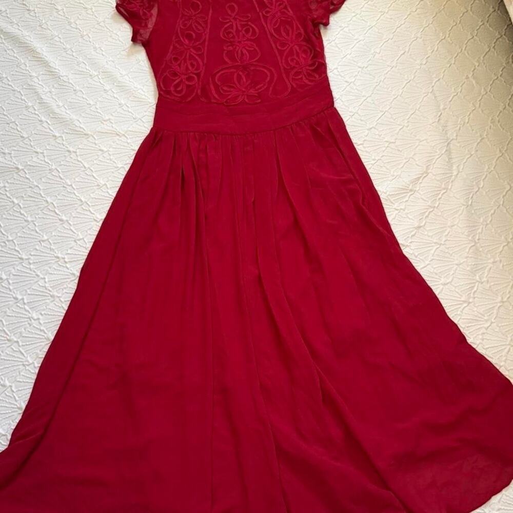Mode Expre's Red Soutache Embroidered Maxi Dress Short Sleeve Pleated 1316 L